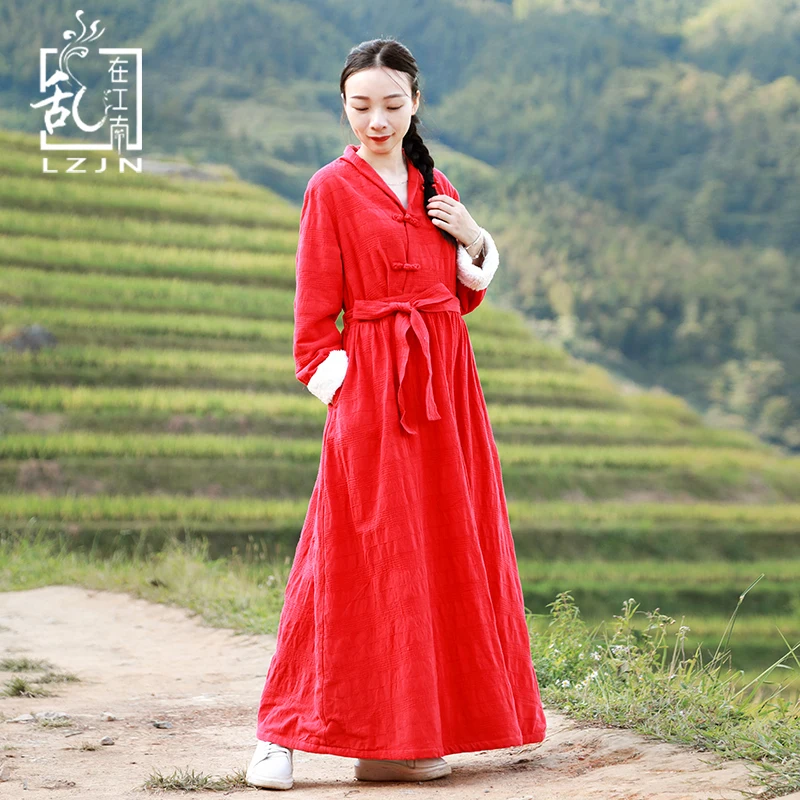 LZJN Red Maxi Winter Dress Long Sleeve V-Neck Pleated Waist Belt Vintage Robe A Line Ethnic Chinese Warm Black Fleece Dress 2019
LZJN Red Maxi Winter Dress Long Sleeve V-Neck Pleated Waist Belt Vintage Robe A Line Ethnic Chinese Warm Black Fleece Dress 2019