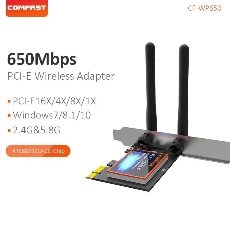 Comfast Dual Band PCI-E Wireless Adapter 650Mbps 2.4G&5Ghz WiFi PCI Express External 2dBi Antenna for Winow 7/ 8 /10 CF-WP650
Comfast Dual Band PCI-E Wireless Adapter 650Mbps 2.4G&5Ghz WiFi PCI Express External 2dBi Antenna for Winow 7/ 8 /10 CF-WP650