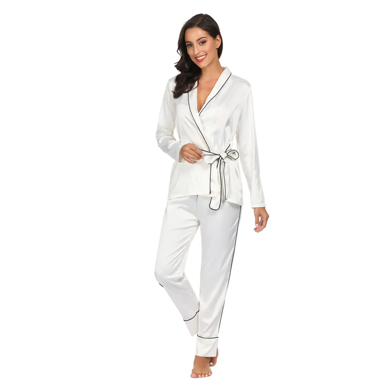 Satin Pajamas For Women Silk Long Sleeve Short Robe and Full Length Pants Women Sleepwear Suit Home Clothes Nightie Black White
Satin Pajamas For Women Silk Long Sleeve Short Robe and Full Length Pants Women Sleepwear Suit Home Clothes Nightie Black White