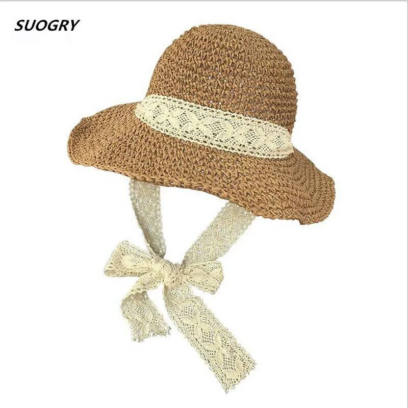 

2019 New Summer Boater Hats For Women Straw Sun Hat Women's Lace Ribbon Bow Wide Brim Panama Hats Beach Hat Floppy Female Caps