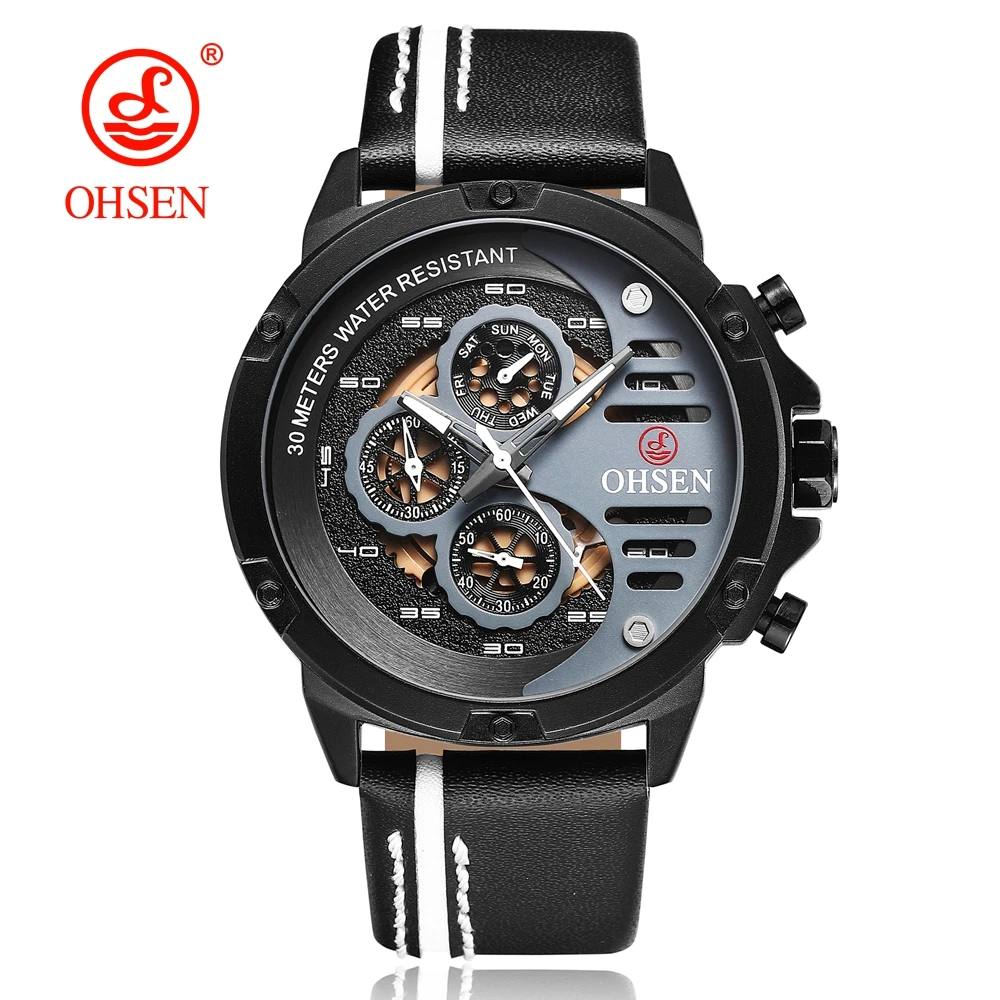 OHSEN Fashion Men Military Quartz Wristwatch Black Leather Strap Skeleton multi functional Waterproof Sport Watch montre homme
OHSEN Fashion Men Military Quartz Wristwatch Black Leather Strap Skeleton multi functional Waterproof Sport Watch montre homme