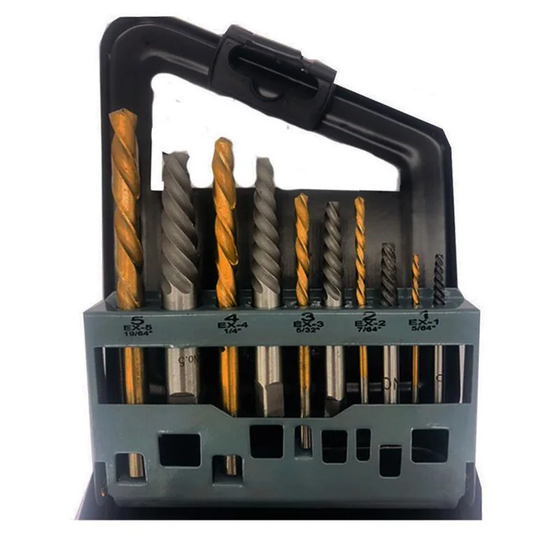 10pcs High Quality Cobalt Left Hand Drill Bit Broken Bolt Damaged Screw Extractor Set with Metal Case Perforator Tool.
10pcs High Quality Cobalt Left Hand Drill Bit Broken Bolt Damaged Screw Extractor Set with Metal Case Perforator Tool.