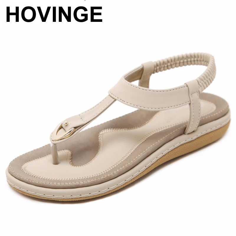 

HOVINGE Women Ethnic Bohemia Flat Sandals Shoes Woman Buckle Flip Flop Beach Sandals Casual Soft Shoes size 35-42 Apricot Black