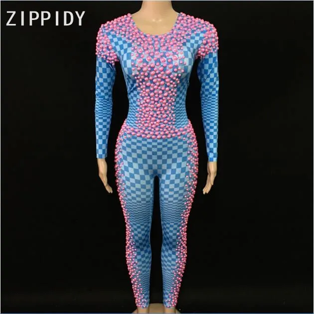 New Pink Pearls Stones Blue Plaid Pattern Jumpsuits Spandex One Piece Women's Birthday Party Outfit Women Singer Leggings
New Pink Pearls Stones Blue Plaid Pattern Jumpsuits Spandex One Piece Women's Birthday Party Outfit Women Singer Leggings