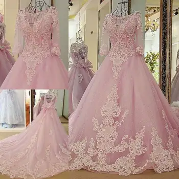 Pink Ball Gown Sexy Colorful Wedding Dresses With 3/4 Sleeves Beaded Lace Appliques Corset Back Non White Wedding Gowns Couture
Pink Ball Gown Sexy Colorful Wedding Dresses With 3/4 Sleeves Beaded Lace Appliques Corset Back Non White Wedding Gowns Couture