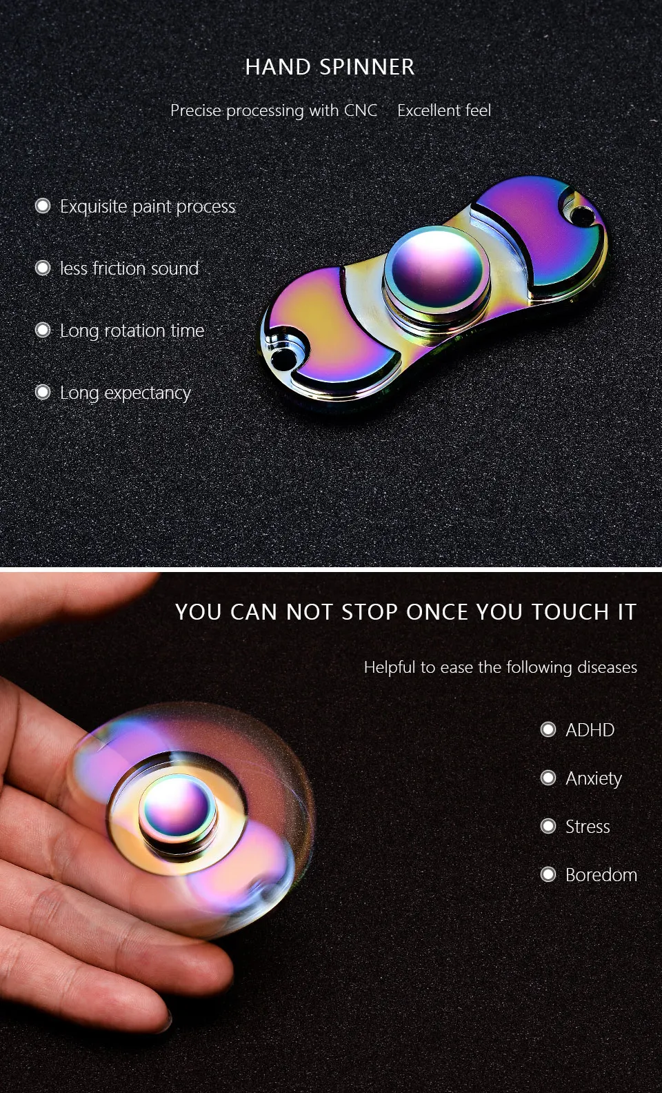 Alloy Fidget Spinner Rainbow Color Lasting Rotation Fine Craft Low