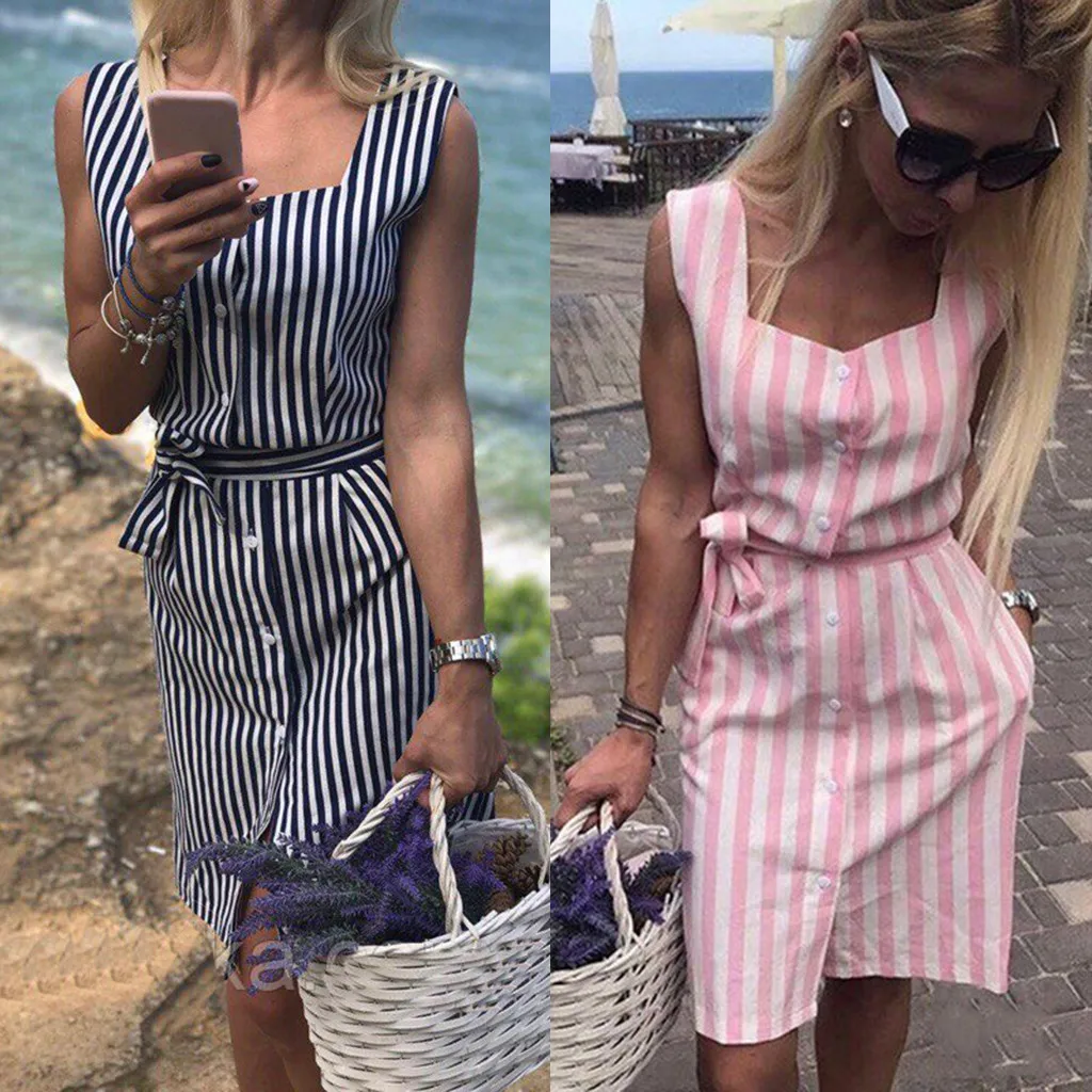Vestidos 2019 Women's Dresses Spring Summer Dress Women Sleeveless Striped Print Slim Casual With Buttons Dress
Vestidos 2019 Women's Dresses Spring Summer Dress Women Sleeveless Striped Print Slim Casual With Buttons Dress