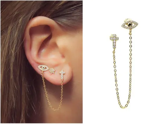 925 Sterling silver two piercing studs cz cross evil eye earring long delicate chain tassel classic cute cross evil eye stud 925
925 Sterling silver two piercing studs cz cross evil eye earring long delicate chain tassel classic cute cross evil eye stud 925