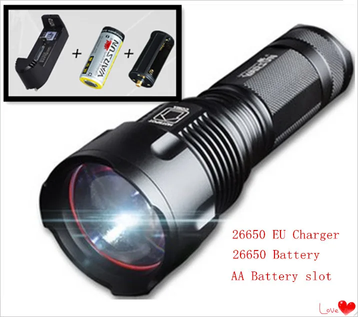 

High Power Light CREE XML T6 LED Flashlight tactical 26650/AA rechargeable Zoomable Flashlight Torch 26650 EU battery charger