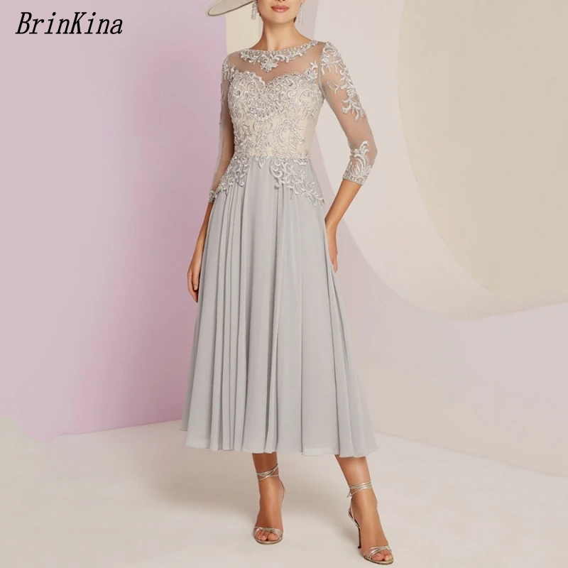 Brinkina 2019 Illusion A Line Scoop Neck Silver Party Dress Ankle Length Chiffon Lace Mother of the Bride Dress 3/4 Sleeves
Brinkina 2019 Illusion A Line Scoop Neck Silver Party Dress Ankle Length Chiffon Lace Mother of the Bride Dress 3/4 Sleeves