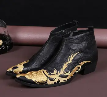 Slip-on Pointed toes Oxfords Genuine Leather Men's Dress Shoes Side Zipper Ankle Boot Printed Chunky Heel Height Increasing Shoe
Slip-on Pointed toes Oxfords Genuine Leather Men's Dress Shoes Side Zipper Ankle Boot Printed Chunky Heel Height Increasing Shoe