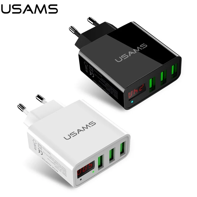 USAMS Марка ЕС Plug Led Дисплей стене телефон Зарядное устройство 3 Порты и разъёмы USB 2.4a