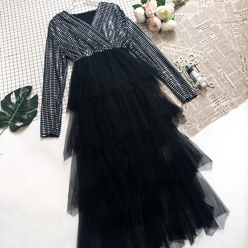 Women Long Sleeve Sequins Ruffles Cake Dress Casual Vintage Slim High Waist Pullover Patchwork Mesh Gauze Voile Ball Gown Dress
Women Long Sleeve Sequins Ruffles Cake Dress Casual Vintage Slim High Waist Pullover Patchwork Mesh Gauze Voile Ball Gown Dress
