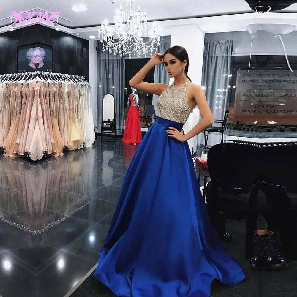 YQLNNE 2018 Royal Blue Rhinestones Prom Dresses Long Halter Satin Beaded Evening Gown
YQLNNE 2018 Royal Blue Rhinestones Prom Dresses Long Halter Satin Beaded Evening Gown