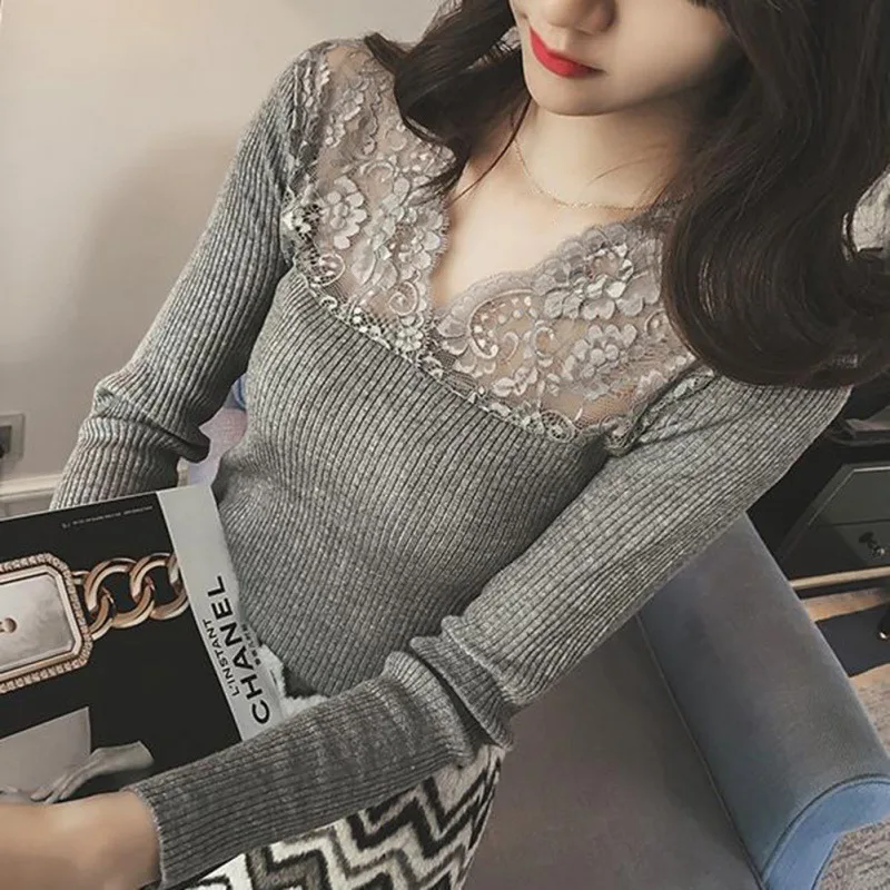 Fashion Women Sweater Lace Patchwork High Eastic Sexy V Neck Sweater Women Slim tight Bottoming Knitted Pullovers 2018 Autumn
Fashion Women Sweater Lace Patchwork High Eastic Sexy V Neck Sweater Women Slim tight Bottoming Knitted Pullovers 2018 Autumn