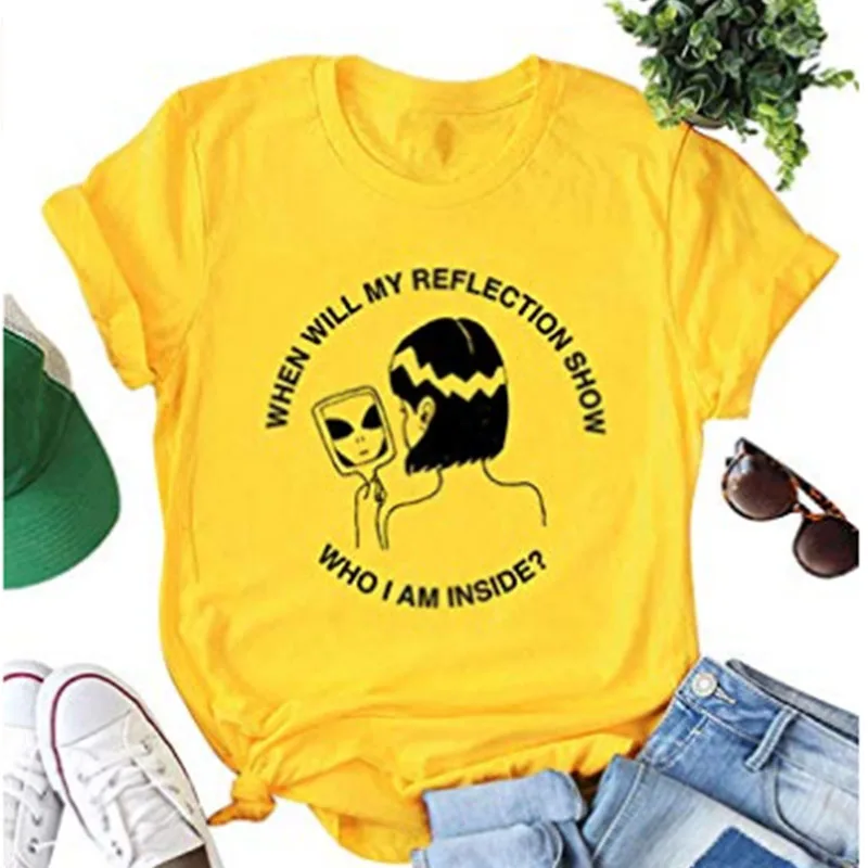 

When Will My Reflection Show T-Shirt Hipster Casual Shirt Yellow Clothes Top Who I Am Inside Tumblr Grunge T Shirt Camisetas Tee