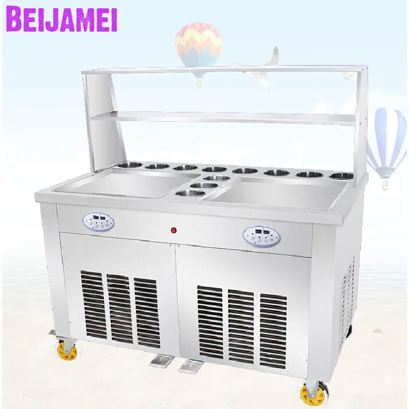 

BEIJAMEI Most Popular Commercial Ice Frying Machine Double Pan Fried Fruit Yogurt Ice Cream Roll Machine With 11 Cooling Tanks