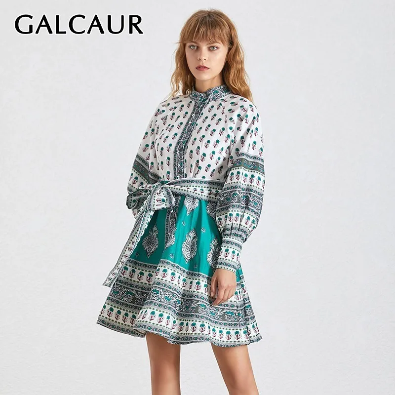 GALCAUR Vintage Print Women's Dress Stand Collar Lantern Sleeve High Waist Bandages Hit Color Dresses Female Fashion 2019
GALCAUR Vintage Print Women's Dress Stand Collar Lantern Sleeve High Waist Bandages Hit Color Dresses Female Fashion 2019