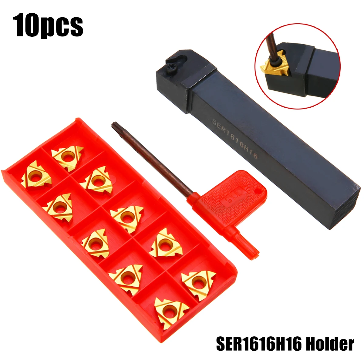 10pcs 16ER AG60 Carbide Inserts Golden Blades + 1pc SER1616H16 Turning Tool Holder Boring Bar + 1pc Wrench
10pcs 16ER AG60 Carbide Inserts Golden Blades + 1pc SER1616H16 Turning Tool Holder Boring Bar + 1pc Wrench