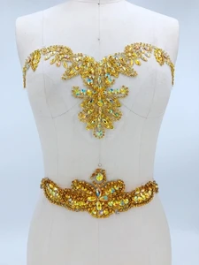 

handmade golden sew on red rhinestones applique on mesh crystals trim patches 34*20cm&30*9cm for dress DIY accessories