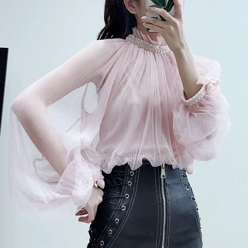 2PCS Women Spring Summer Lantern Sleeve Sequined Basic Shirt Pleated Pearl Bead Lace Tulle Pullover Mesh Gauze Voile Blouse Tops
2PCS Women Spring Summer Lantern Sleeve Sequined Basic Shirt Pleated Pearl Bead Lace Tulle Pullover Mesh Gauze Voile Blouse Tops