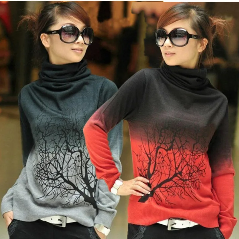 Autumn and winter ladies' cashmere turtleneck knitted sweater with tree branch printing
Autumn and winter ladies' cashmere turtleneck knitted sweater with tree branch printing
