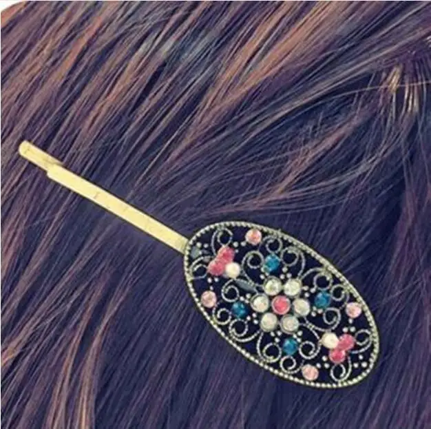 TS019 European and American jewelry Vintage Multicolor crystal alloy oval hollow flower clip hair side Female charm Jewelry | Украшения и