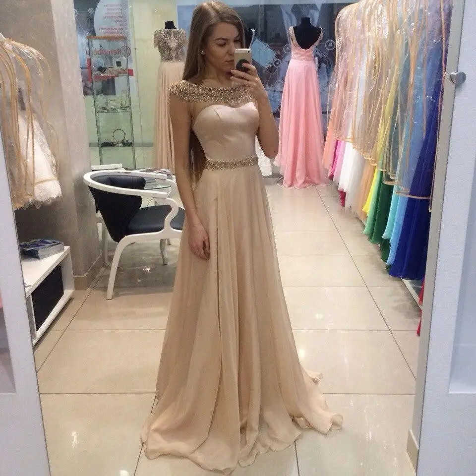 Champagne Chiffon Long Evening Dresses A Line Scoop Beaded Cap Sleeves Vestido De Festa Longo Formal Gowns Wear
Champagne Chiffon Long Evening Dresses A Line Scoop Beaded Cap Sleeves Vestido De Festa Longo Formal Gowns Wear