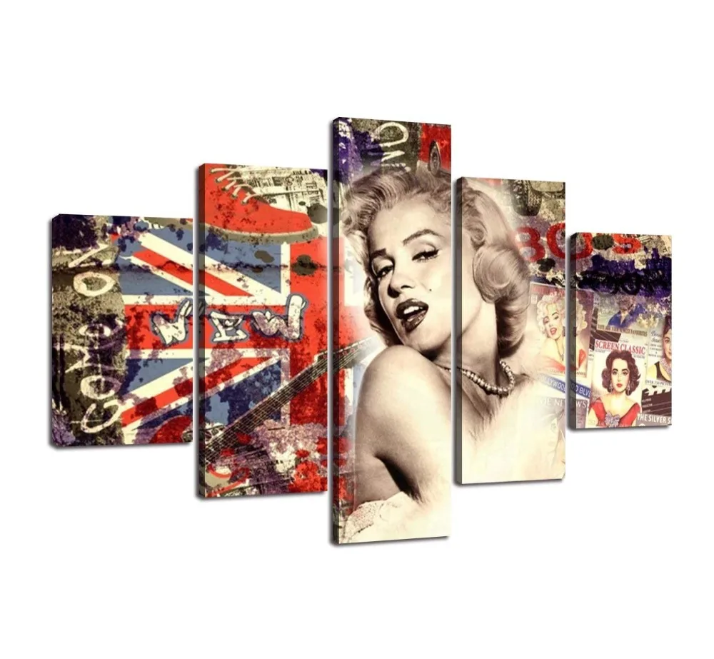 Vintage Extra Large Painting on Canvas Marilyn Monroe Retro Wall Art American Flag Background Artwork 5 Panel Printed Picture for Living Room Home Decoration Framed Ready to Hang(60''Wx40''H)