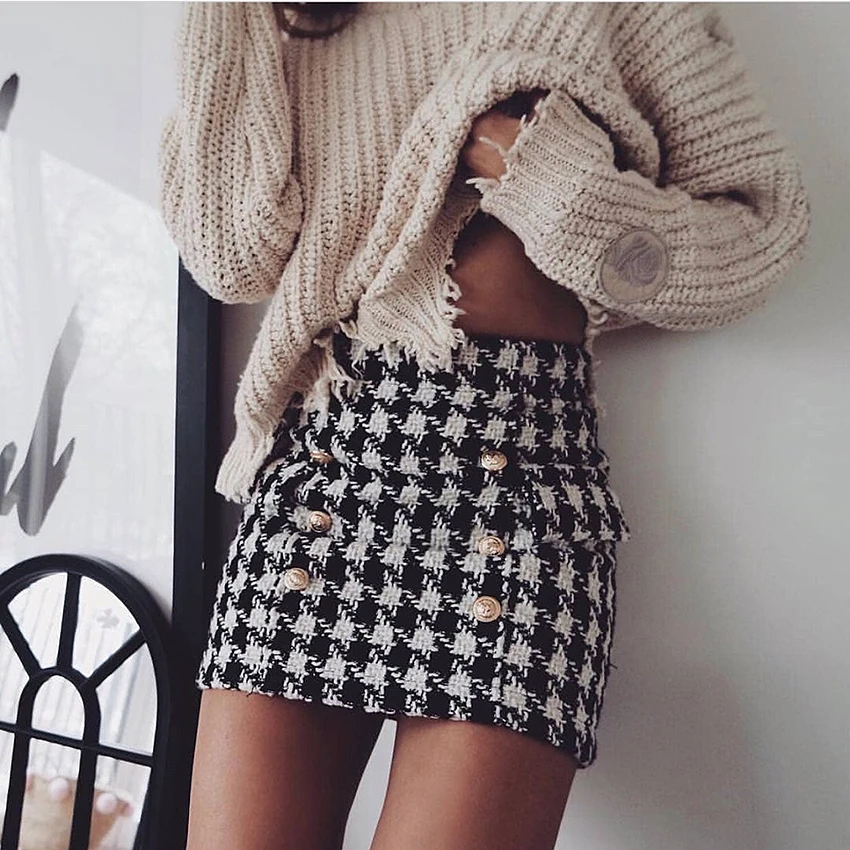 Runway Designer Skirt Women's Lion Buttons Double Breasted Tweed Wool Hound Stooth Mini Skirt Female Fashion 2019 New
Runway Designer Skirt Women's Lion Buttons Double Breasted Tweed Wool Hound Stooth Mini Skirt Female Fashion 2019 New