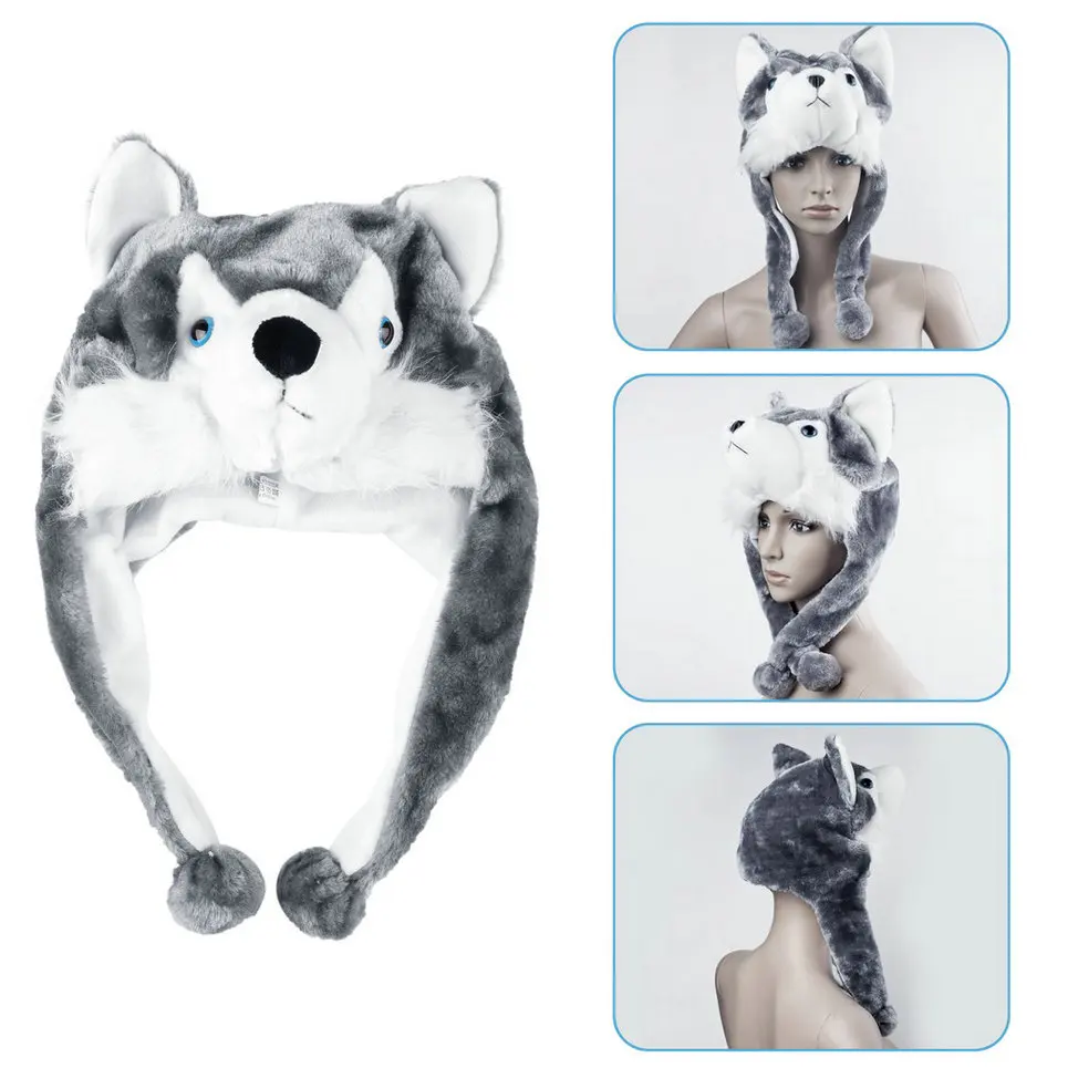 

Cartoon Animal Style Hood Wolf Hat Hoods Beanies Cute Fluffy Kids Caps Soft Warm Scarf Earmuff Plush Huskies Hats