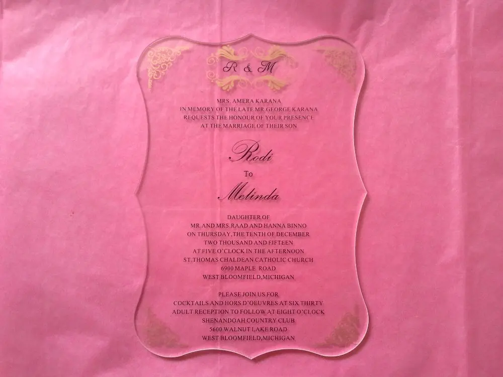 Image Sample order of Royal scroll shape clear acrylic wedding invitation card