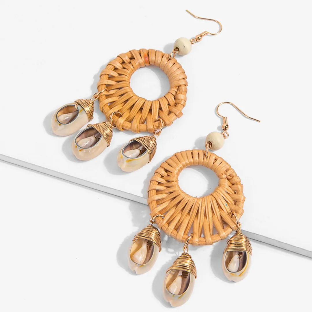 Boho Handmade Wooden Big Hollow Round Rattan Straw Weave Shell Drop Earring for Women Girl Korean Statement Wedding Jewelry