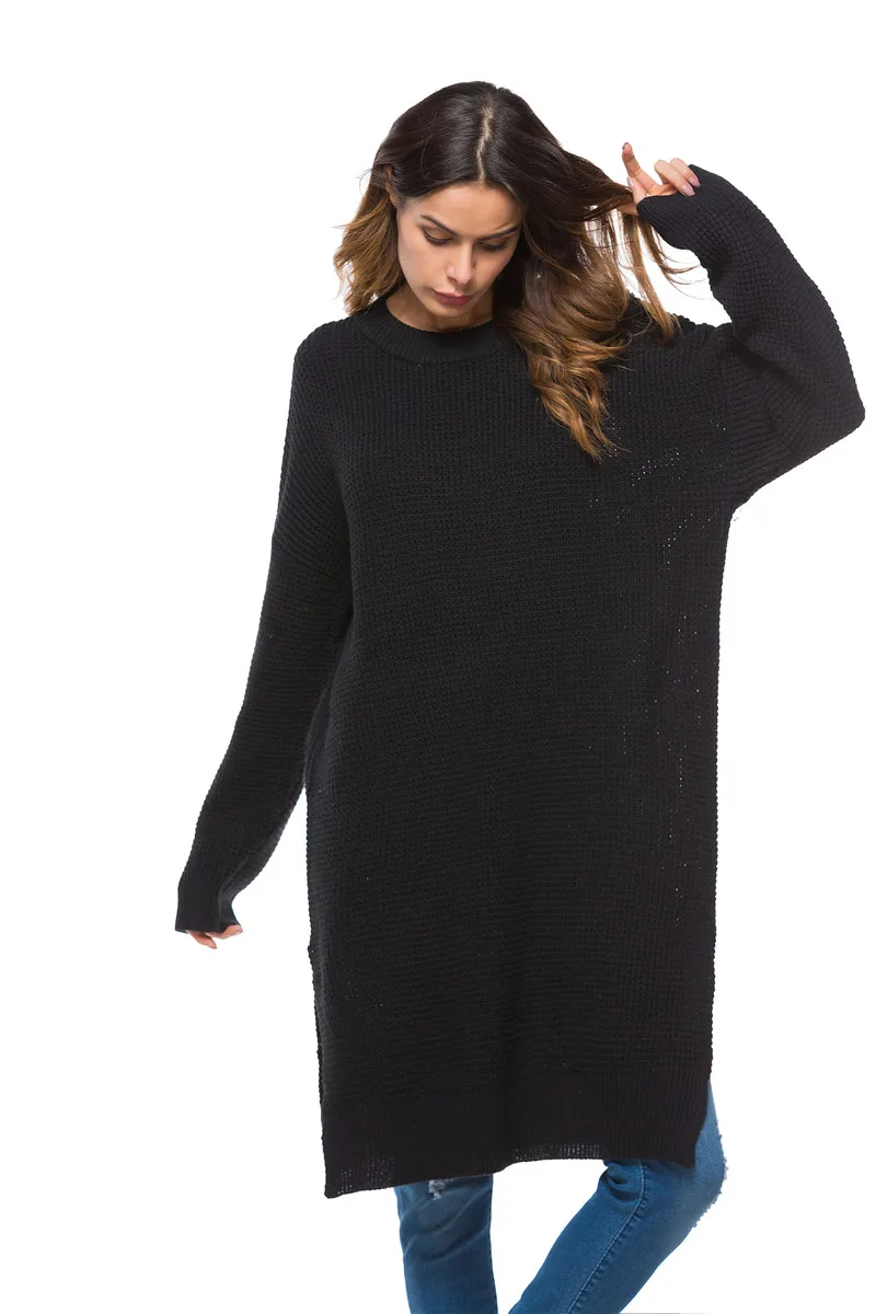 2018 spring new European and American large size women's knit dress loose long knit sweater women (4)