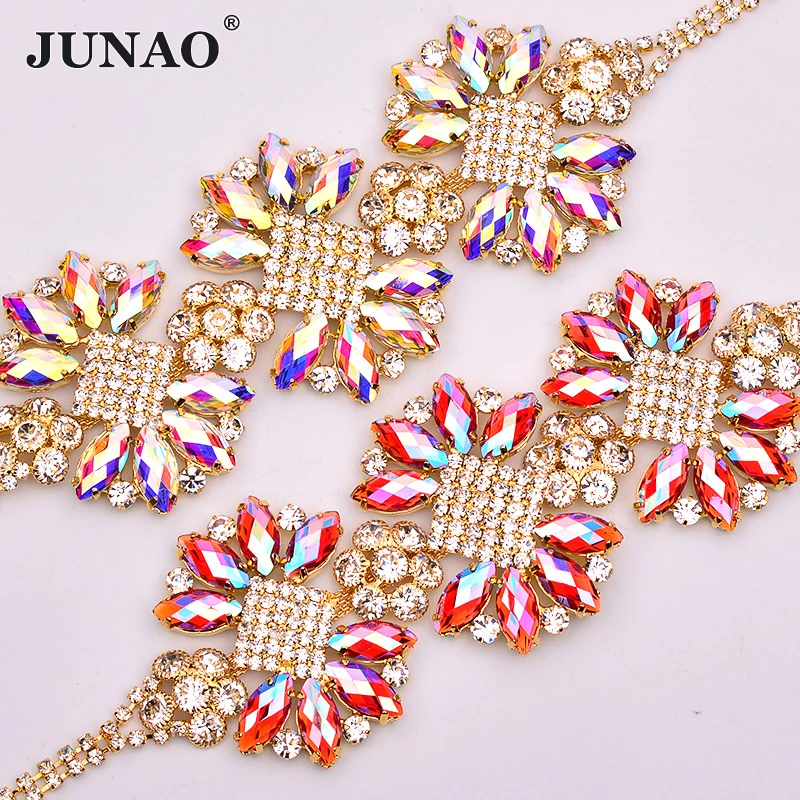 JUNAO 45*205mm Sew On Crystal AB Glass Flowers Rhinestones Chain Gold Crystal Bikini Connector Bridal Beads Applique for Dress
JUNAO 45*205mm Sew On Crystal AB Glass Flowers Rhinestones Chain Gold Crystal Bikini Connector Bridal Beads Applique for Dress