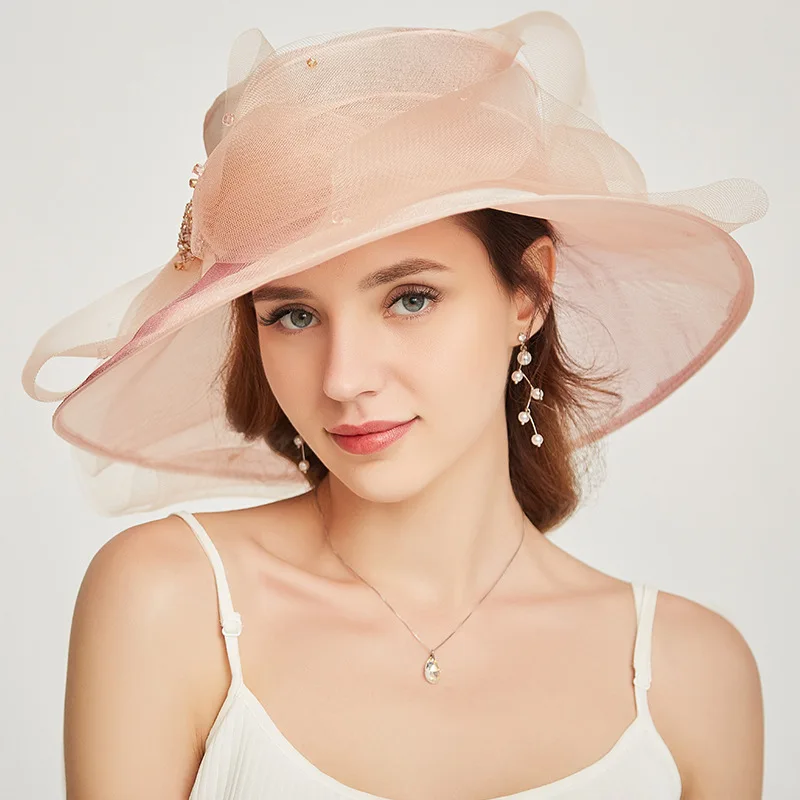 2019 Новая мода органзы шляпы от солнца для девочек элегантный розовый дамы