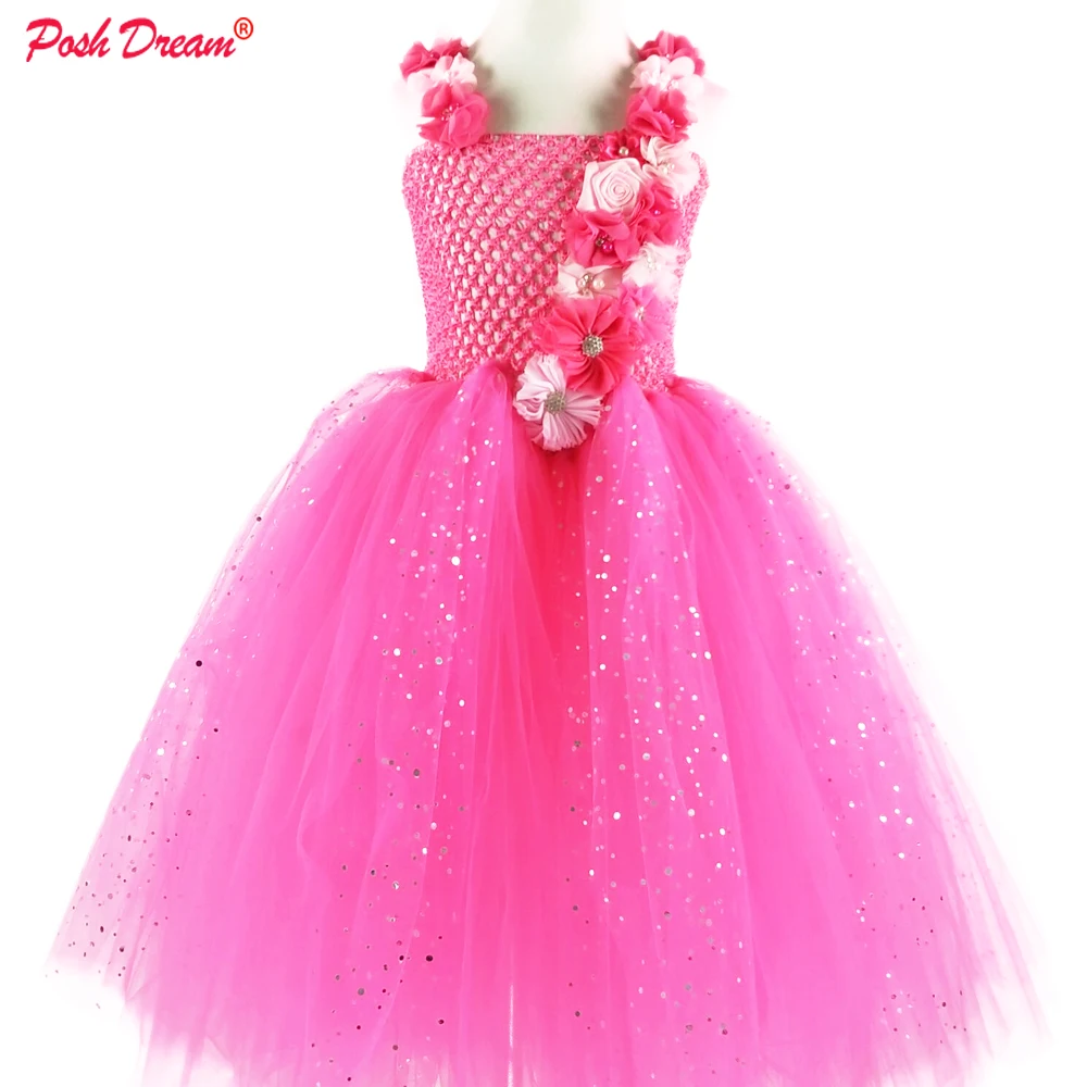 

POSH DREAM Rose Hot Pink Flower Dress Girl Wedding For Party Floral Shoulder Straps Kids Girls Tulle Tutu Dress Children Clothes