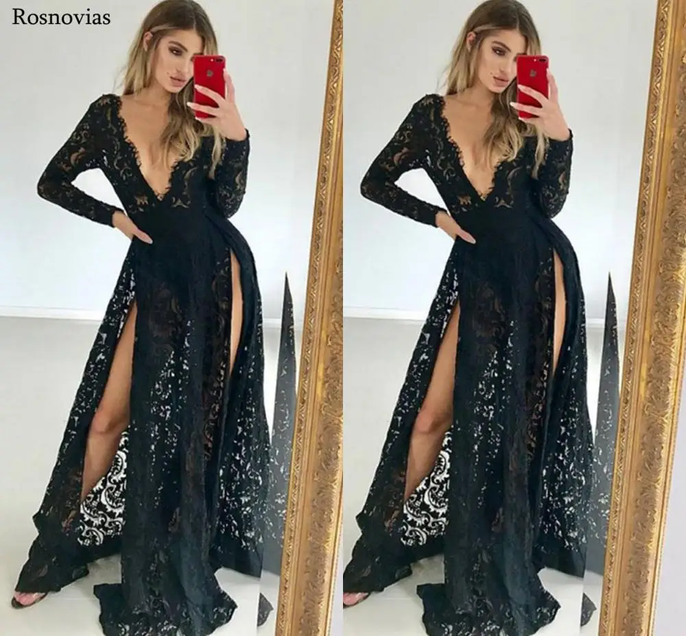 Black Sexy Full Lace Evening Dresses Long Deep V Neck Long Sleeves Side Split Sweep Train 2019 Prom Party Dresses Formal Gowns
Black Sexy Full Lace Evening Dresses Long Deep V Neck Long Sleeves Side Split Sweep Train 2019 Prom Party Dresses Formal Gowns