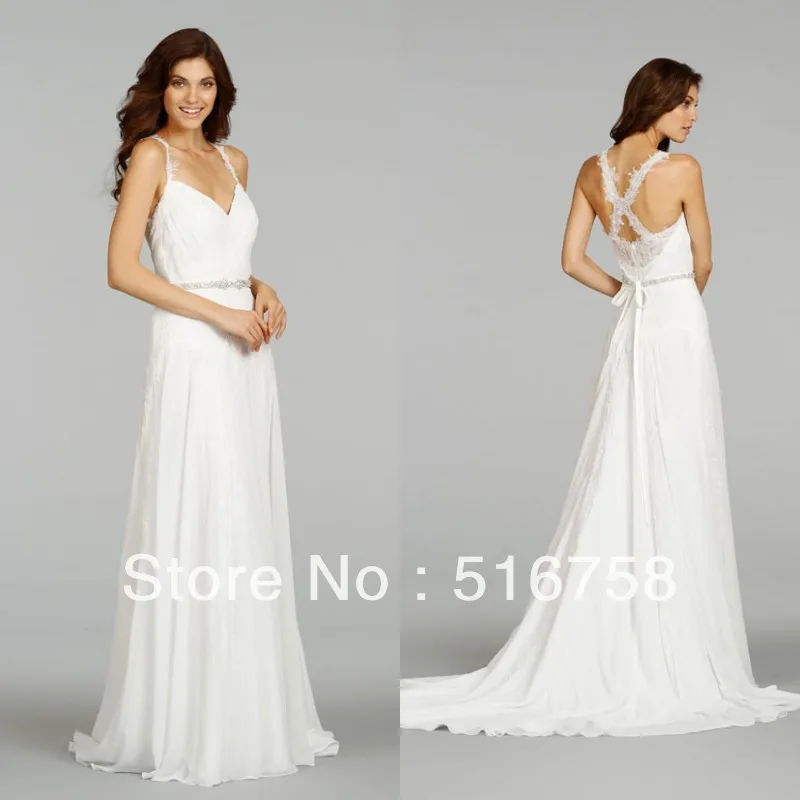 A-line Drapd Bodice Sheer Lace Spaghetti Straps And Back Jeweled Belt Criss-Cross Floor Length Simple Beach Wedding Dresses | Свадьбы и