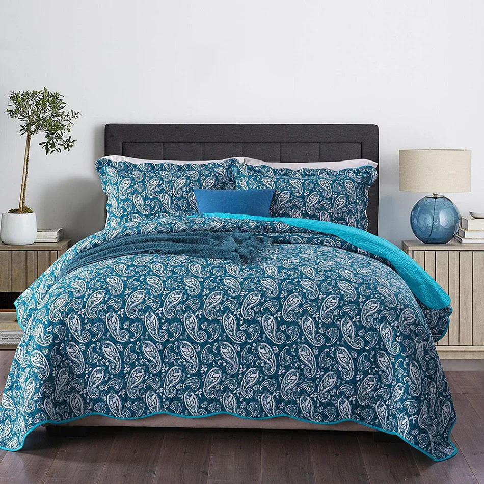 

Blue Paisley Cotton Bedspreads Quilt Set 3pcs Coverlet Washable Quilts Bed Cover Pillowcase Queen Size Winter Quilted Bedding