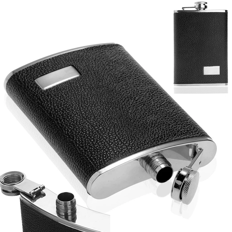 Mayitr 9oz Hip Flask Black Alcohol Flask Fluted Wine Leather Stainless Steel Portable Hip Flask 14x9.5x2.2cm for Drinkware