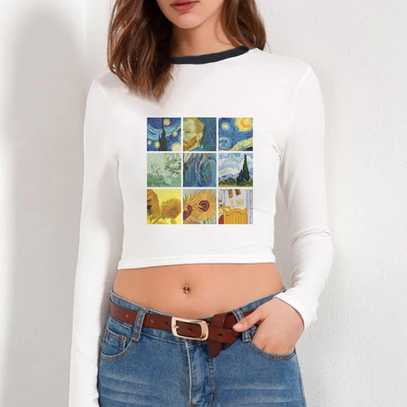 2018 Autumn New Women Casual Van Gogh Harajuku Painting Lattice Print T Shirts White Crop Top Long Sleeve Streetwear Shirts Tops
2018 Autumn New Women Casual Van Gogh Harajuku Painting Lattice Print T Shirts White Crop Top Long Sleeve Streetwear Shirts Tops