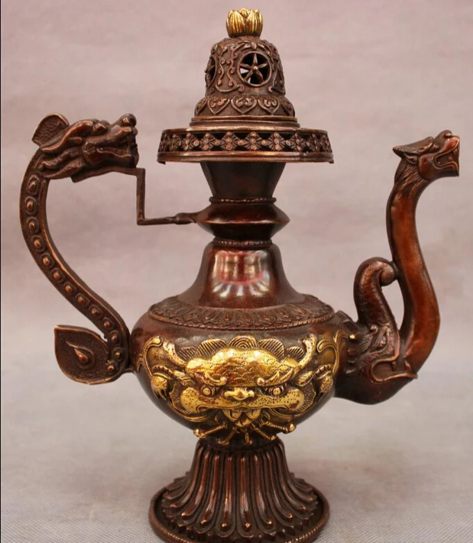 S3983 9" Chinese Bronze Gilt Royal Palace Dragon Head Statue Teapot Wine Pot Flagon D0317
S3983 9" Chinese Bronze Gilt Royal Palace Dragon Head Statue Teapot Wine Pot Flagon D0317