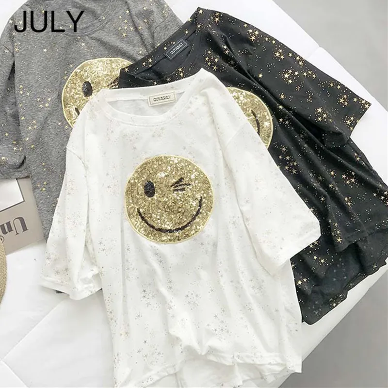 Summer Fashion t-shirt Women Print Smile Face Casual O-Neck Sequin Polyester tshirt Women Big Size Streetwear Women T Shirts
Summer Fashion t-shirt Women Print Smile Face Casual O-Neck Sequin Polyester tshirt Women Big Size Streetwear Women T Shirts