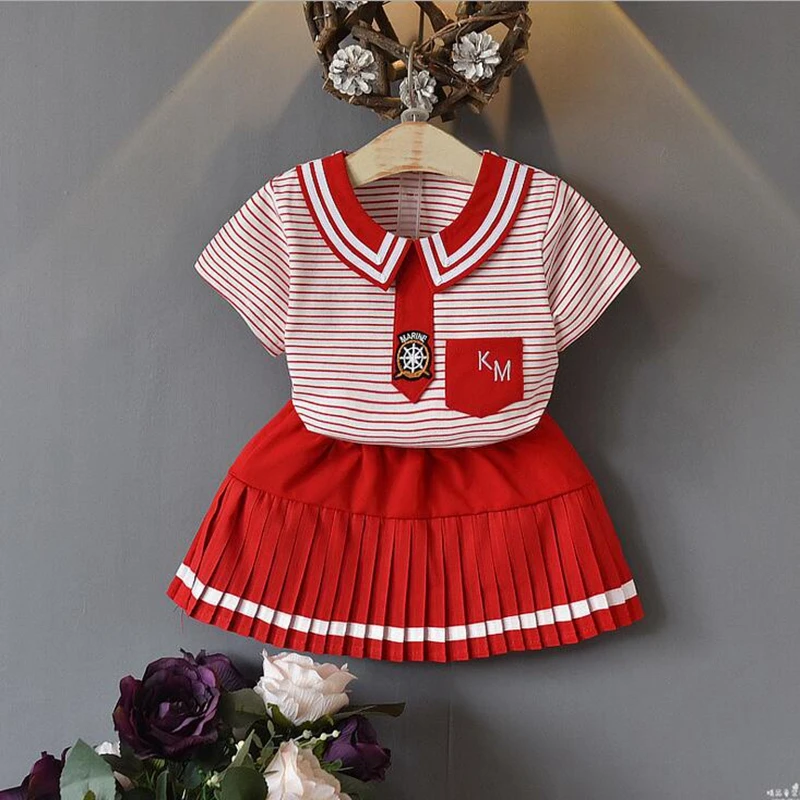 Summer college style baby girl set Embroidered letters striped short-sleeved T-shirt + red casual skirt Children's set X3211
Summer college style baby girl set Embroidered letters striped short-sleeved T-shirt + red casual skirt Children's set X3211