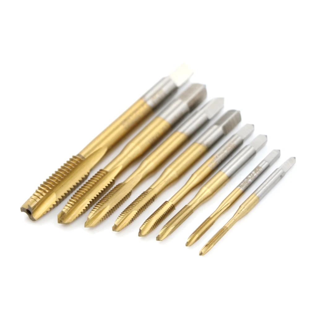 HSS Titanium Machine Right Hand Tap Drill 3 Flute M2 M2.5 M3 M3.5 M4 M5 M6 M8 Spiral Point Thread Plug Handle Taps Die Set
HSS Titanium Machine Right Hand Tap Drill 3 Flute M2 M2.5 M3 M3.5 M4 M5 M6 M8 Spiral Point Thread Plug Handle Taps Die Set