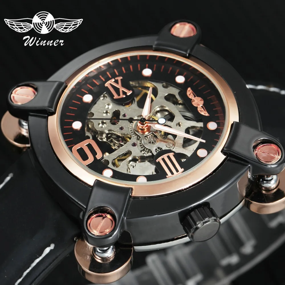 WINNER Steampunk Men Auto Mechanical Wristwatches Leather Strap 3D Rose Golden Roman Number Skeleton Dial Alien Creative Watch
WINNER Steampunk Men Auto Mechanical Wristwatches Leather Strap 3D Rose Golden Roman Number Skeleton Dial Alien Creative Watch