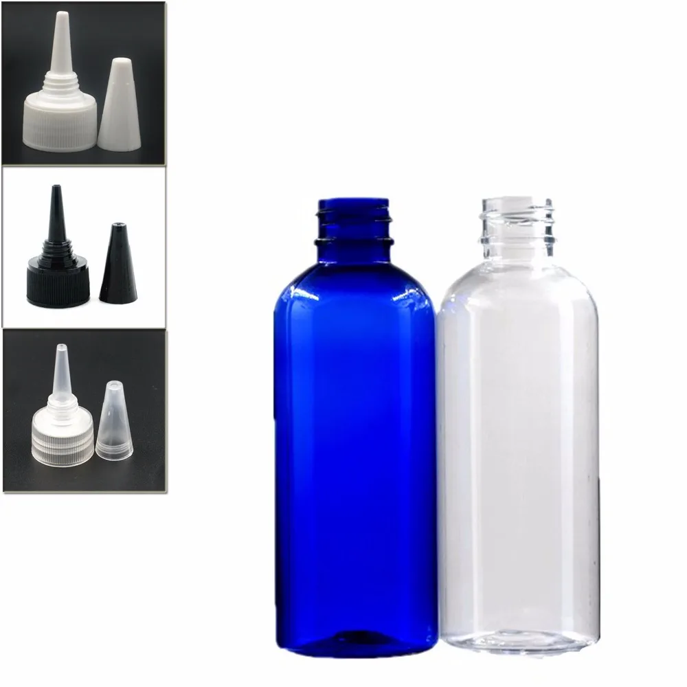 100ml empty Plastic Bottles, clear/blue pet bottle with transparent/white/black twist top caps pointed mouth top X 5
100ml empty Plastic Bottles, clear/blue pet bottle with transparent/white/black twist top caps pointed mouth top X 5