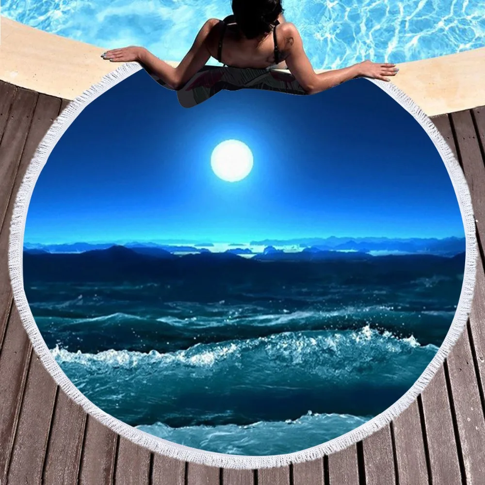 

Round Deep Sea Moon Printing Beach Towel Diameter 150 Cm Microfiber Towel with Fringed Tassel Yoga Mat Adult Children