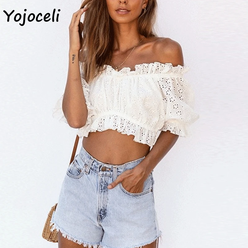 Yojoceli sexy 2019 summer off shoulder lace blouses shirt tops women ruffle cropped tops
Yojoceli sexy 2019 summer off shoulder lace blouses shirt tops women ruffle cropped tops